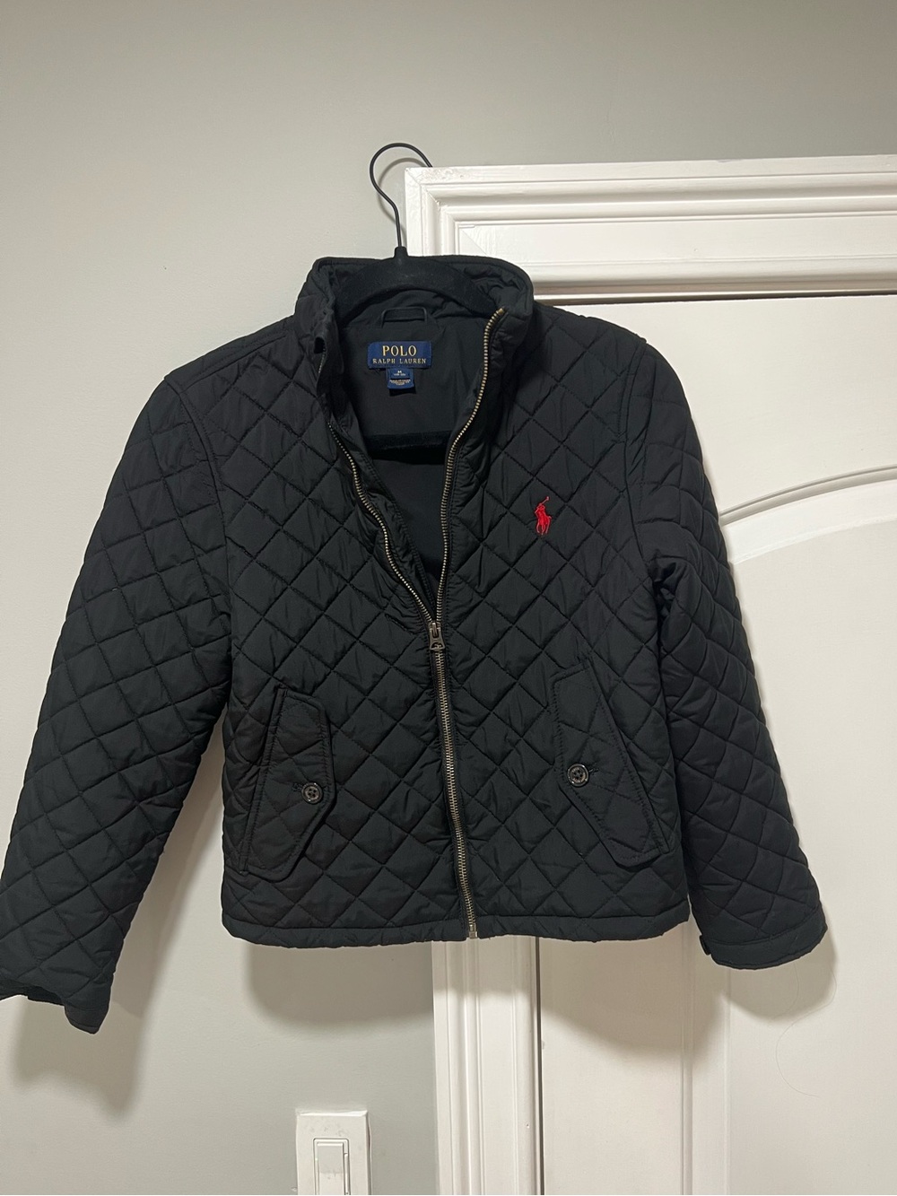 Polo by Ralph Lauren Black Quilted Jacket with Red Pony Logo (Size 10-12)